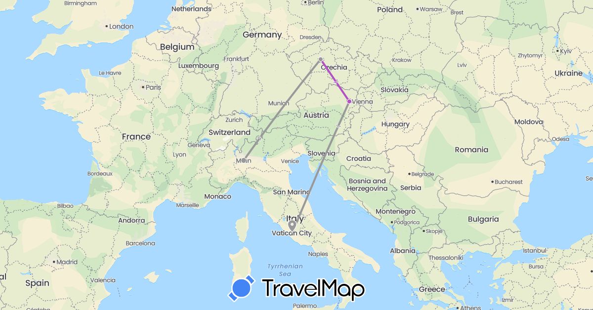 TravelMap itinerary: driving, plane, train in Austria, Czech Republic, Italy (Europe)